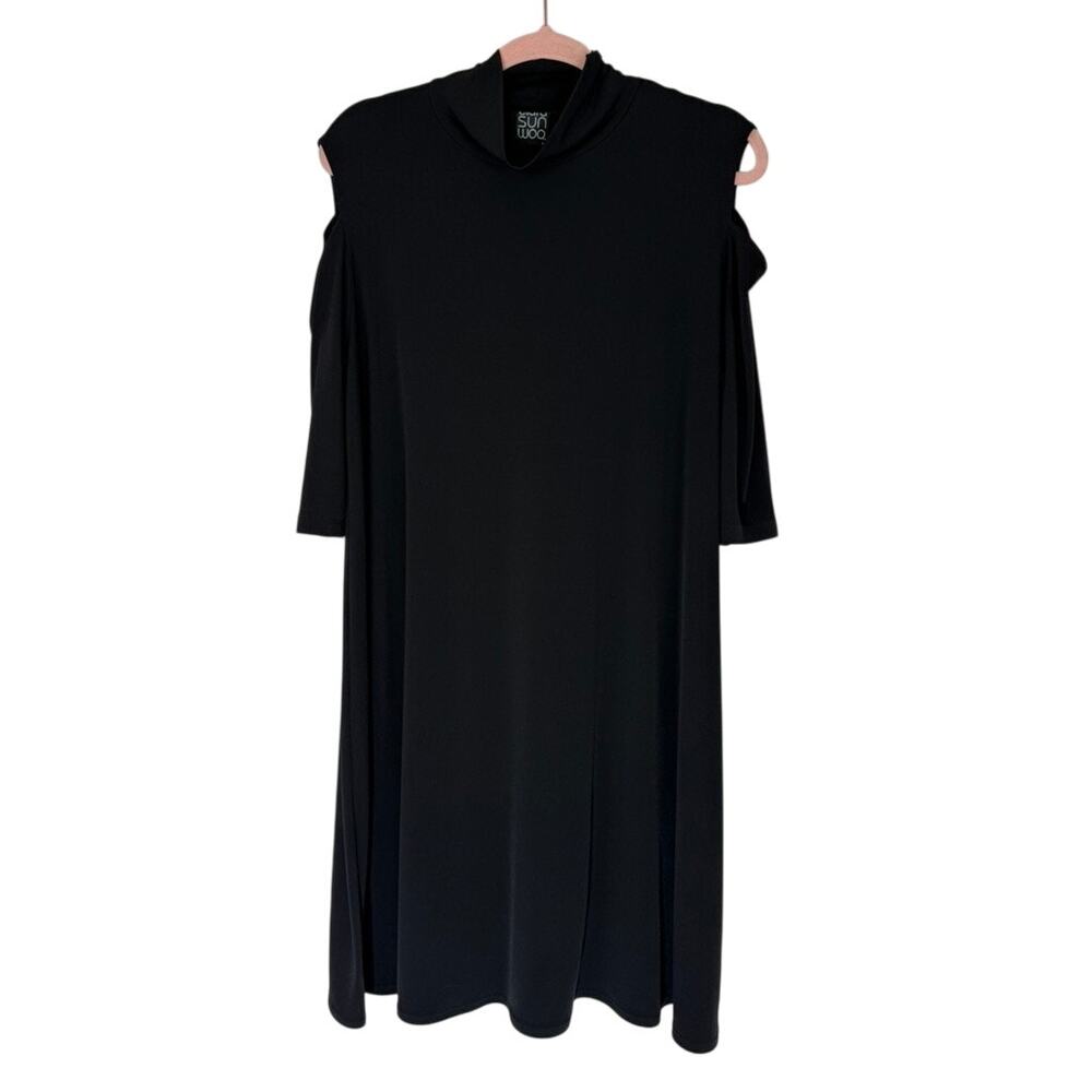 Clara Sun Woo Black Shoulder Cutout Stretch 3/4 Sleeve Shift Casual Dress Size L